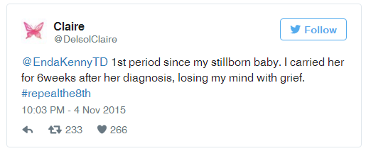 Irish woman tweets Prime Minister Enda Kenny about her menstrual cycle to highlight the need to repeal the 8th Amendment
