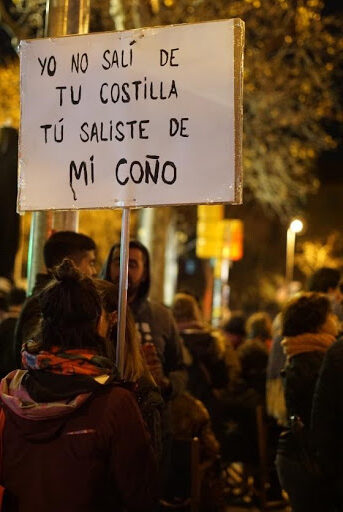Picture taken by Saskia Pelzer on Women’s Day 2020, with a signboard that reads, “I was not made from your rib, you came out of my pussy.”