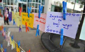 Picture was taken during Women`s Room public action in Zagreb, 2014. Citizens wrote positive messages for ending violence against women.