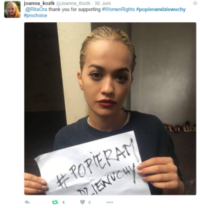 Brytyjska piosenkarka Rita Ora wspiera na Twitterze kampanię przeciwko zaostrzeniu prawa aborcyjnego w Polsce