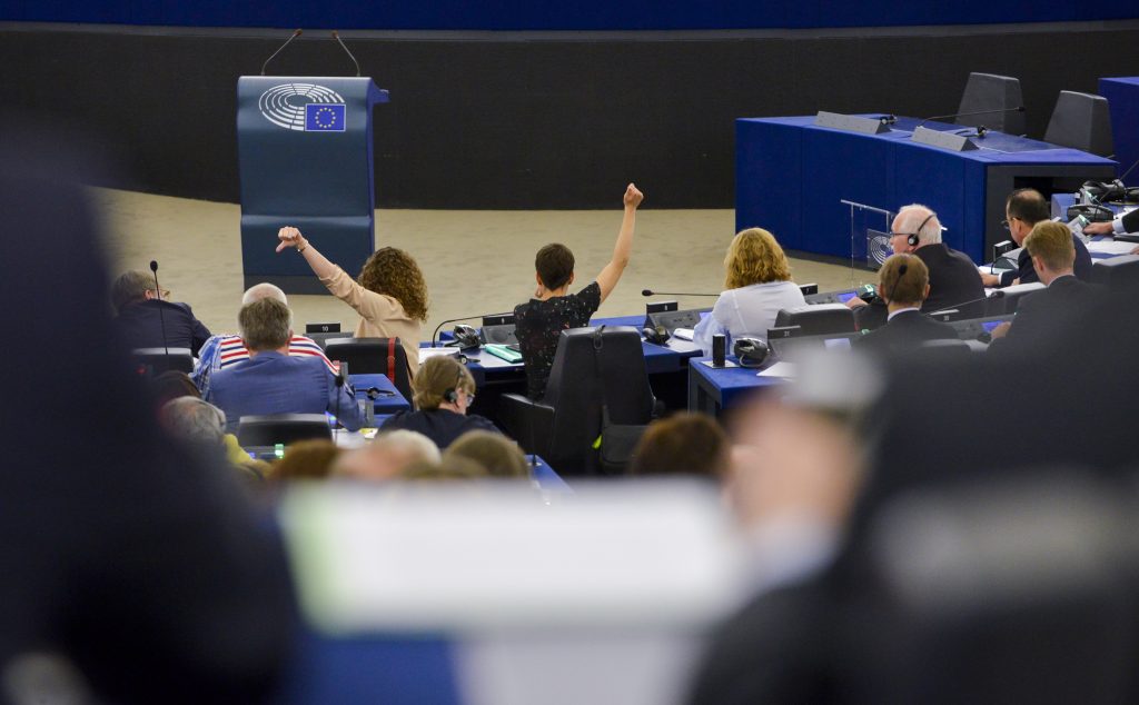 Two MEPs voting in the European Parliament.