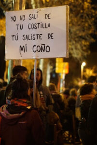 Picture taken by Saskia Pelzer on Women’s Day 2020, with a signboard that reads, “I was not made from your rib, you came out of my pussy.”